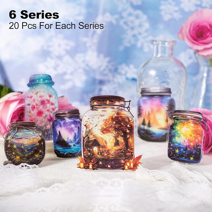 120 Pcs Bottle World PET Stickers, 60 Jar-Themed Designs with Butterflies, Flowers, Starry Sky and Forest Lights, Waterproof Decorative Stickers for Journaling, Scrapbooking and DIY Crafts