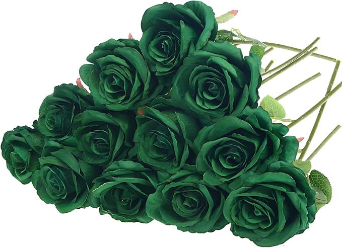 Felice Arts 12 Pack Green Artificial Roses Emerald Green Flowers with Stems Silk Roses Fake Flowers Bouquet for Christmas St Patricks Day Wedding Centerpiece Table Vase Home Kitchen Party DIY Decor