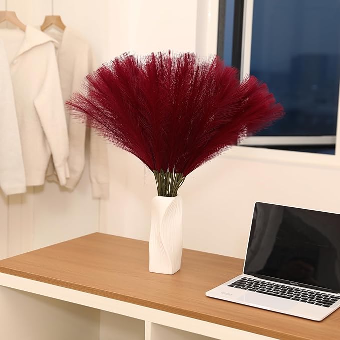 Faux Burgundy Pampas Grass - 30pcs 24 Inch Artificial Pampas Grass Decor Tall, Fake Pompas Grass for Vase Filler, Table Centerpieces, Wedding, Party and Home Decor (Burgundy, 60 Pieces)