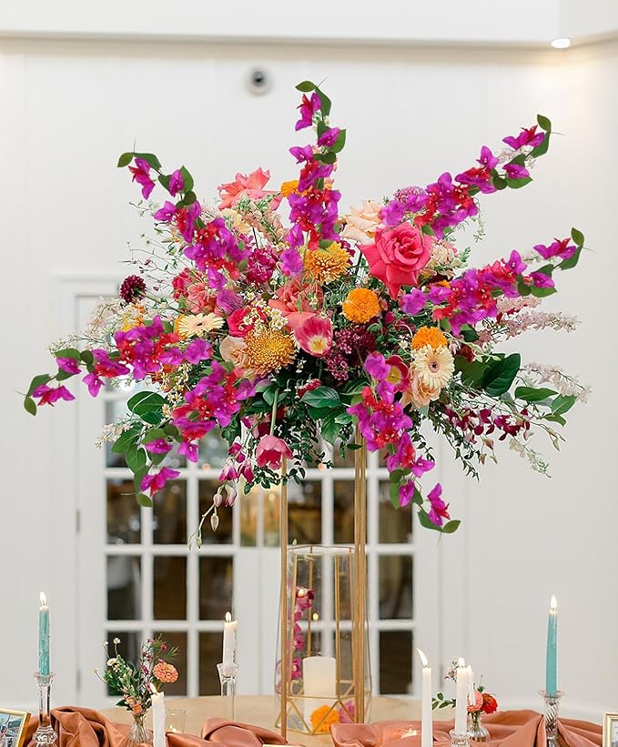 12PCS Bougainvillea Artificial Flowers 31.50" Long Stem Faux Silk Bougainvillea Branches Fake Hanging Flowers Vines for Wedding Arch Wall Outdoor Home Decoration (Fuchsia Mixed)