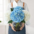 Silk Flowers Hydrangea Artificial Flowers, 4Pcs 22Inch Large Lifelike Faux Flowers, Full Fake Artificial Hydrangeas with Stems for Bouquet Table Centerpieces Home Decoration (White/Blue)