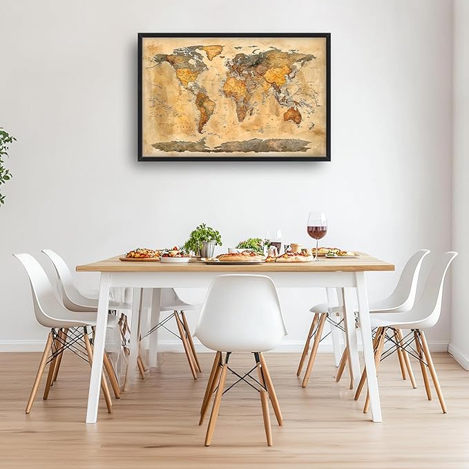 Extra Large World Map Framed Wall Art for Living Room,Oversized Vintage Map of The World Pictures Wall Decor,Canvas Print Painting Modern Artwork Bedroom Office Bathroom 36L x 24W