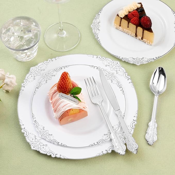 150PCS Silver Plastic Silverware for 50 Guests, Heavy Duty Silver Disposable Utensils Sets, Includes 50 Forks, 50 Spoons, 50 Knives, Elegant Cutlery Perfect for Wedding, Party