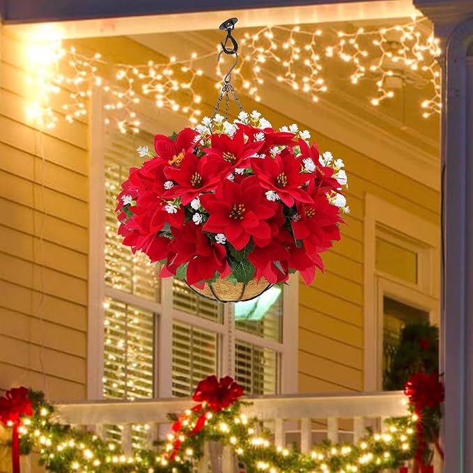 12 Bunches Poinsettias Artificial Christmas Flowers for Outdoors,14'' Fake Red Poinsettias Faux Eucalyptus Plants UV Resistant for Home Planters Garden Porch Christmas Winter Spring Décor
