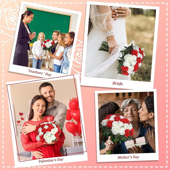 30pcs Fake Roses Artificial Silk Flowers Long Stems Bouquet for Wedding Bridal Shower Party Home Decoration (White + Red)