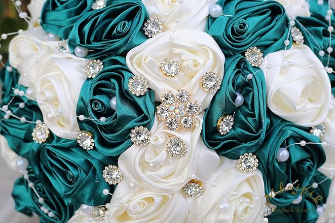 Bridal Wedding Bouquet Round Bling Brooch Bouquet Throw Toss Artificial Rose Flower Bunch for Bride Bridesmaid Wedding Quinceanera(Dark Green & Ivory, 7.5")