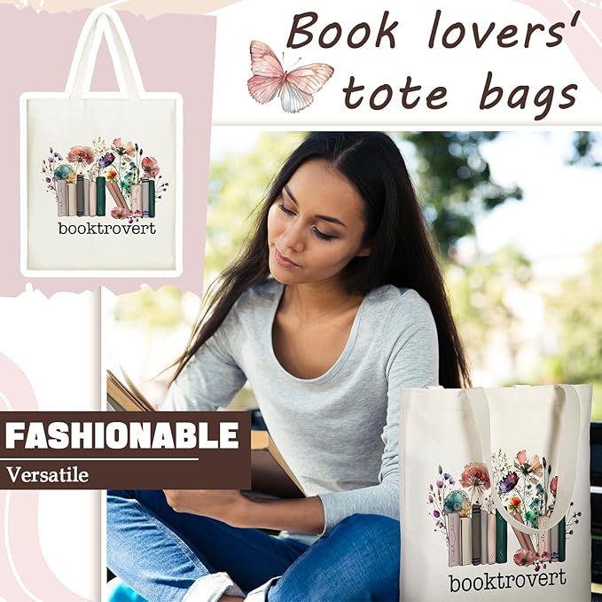 Sweetude 8 Pcs Christmas Book Lovers Club Gifts Bulk Canvas Tote Bags Bookish Librarian Reader Gift for Women Teacher Present(Book,Flower)