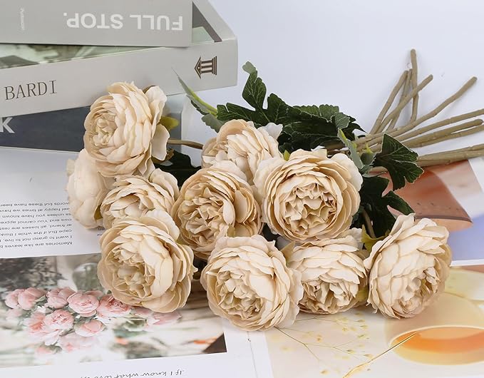 IPOPU 10pcs Beige Peonies Artificial Flowers Silk Peonies with Stems Real Look Fake Peony for Home Table Decorations Wedding Faux Flowers Arrangements