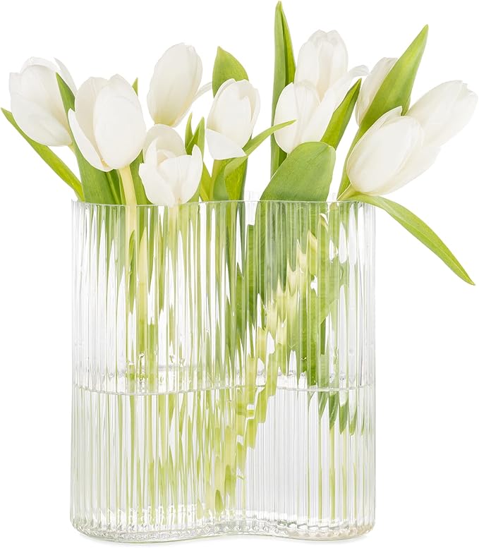 Glass Vase for Centerpieces,Modern Large Vase for Flowers,Footprint Shape Striped Bottle for Home,Office Restaurant Desk Decor 8.3 Inch (Clear)