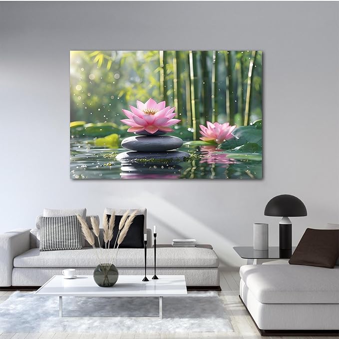 Ethereal pink lotus on obsidian Sunlit bamboo forest with sparkling water drops Poetic nature inspired wall art for tranquil homes and mindful spaces 24x36in Frameless