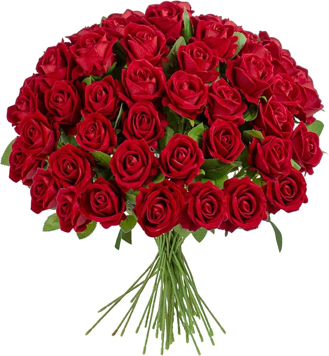 Fake Plants Roses Flowers Plastic Flowers Spring Decorations for Home Gifts for Gf Roses Artificial Flowers for Vase Fake Flowers Home Decor Fake Plant 19.6”(50PCS Red)