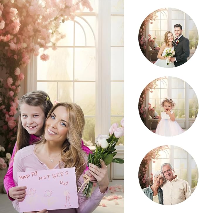 8x6ft Bridal Floral Backdrop for Wedding Pink Rose Window Scenery Green Leaves Elegant Photography Background for Valentine's Day Bridal Shower Birthday Spring Party Women Girls Portraits