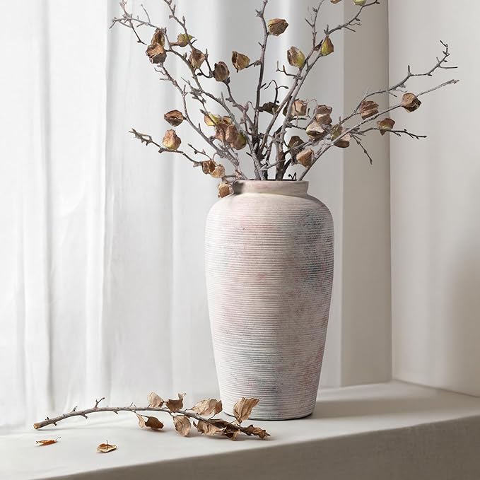 Large Rustic Ceramic Vase, 11 Inch Farmhouse Decorative Vases for Home Decor, Vintage Tall Flower Vase for Dining Table Centerpiece Living Room Kitchen Fireplace Mantle Bookshelf, Wabi Sabi Decoration