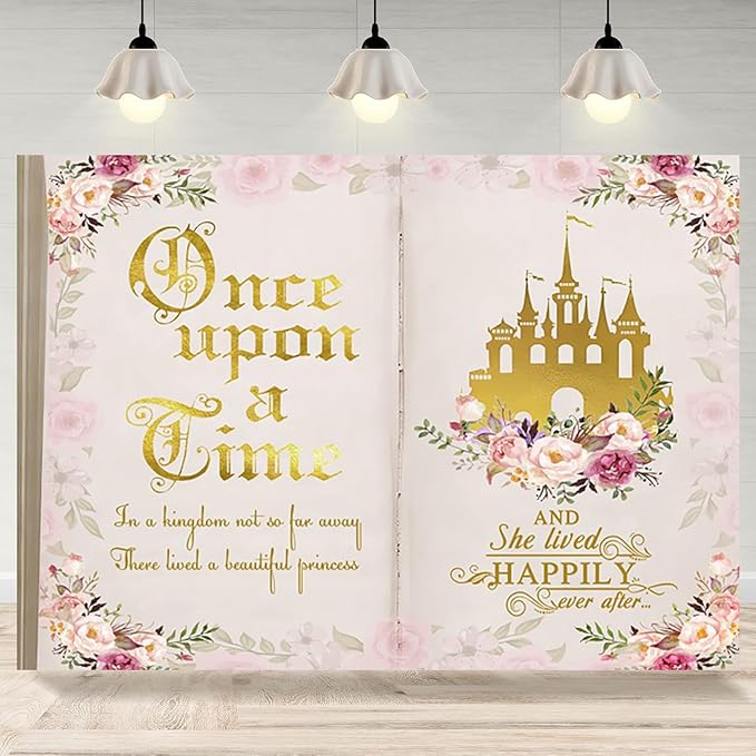 8x6ft Once Upon a Time Backdrop Fairy Tale Books Pink Floral Princess Castle Photography Background Romantic Wedding Birthday Party Banner Decorations Cake Table Decor