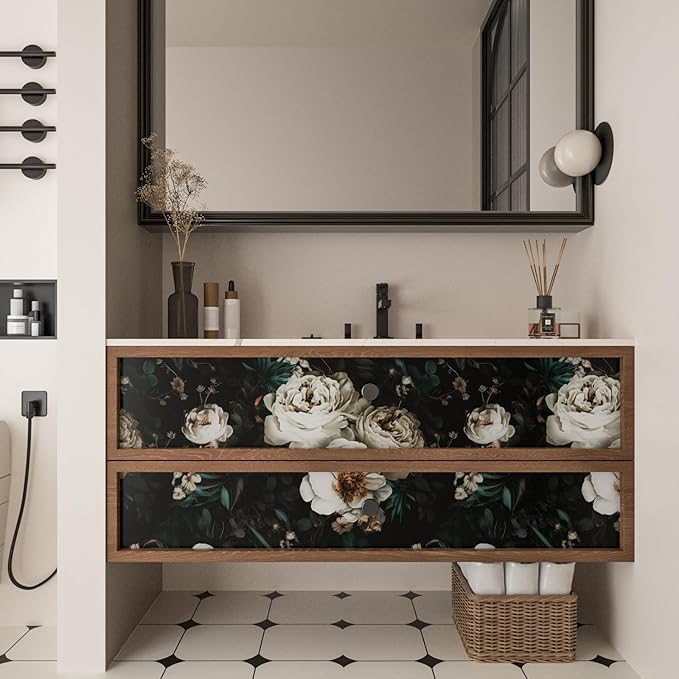 Dark Floral Wallpapr Peel and Stick Boho Wallpaper 17.5in x 118in Black Contact Paper Waterproof Self Adhesive Vintage Large Floral Wall Paper for Bedroom Walls Cabinet Decor