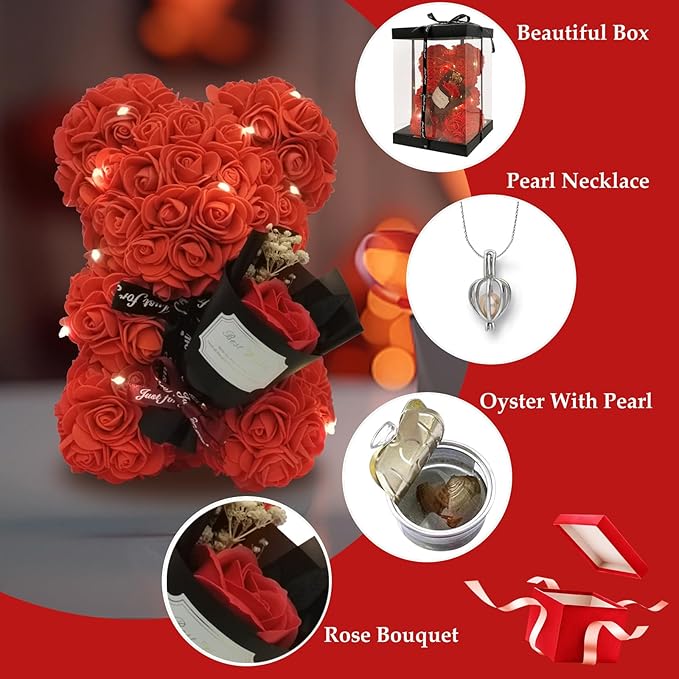 Romantic Valentines Day Gift for Her Rose Artificial Flower Rose Teddy Bear for Wife, Girlfriend Mother Daugther Women. Blind Box Gift for Christmas Birthday Wedding Anniversary (Red Bear)