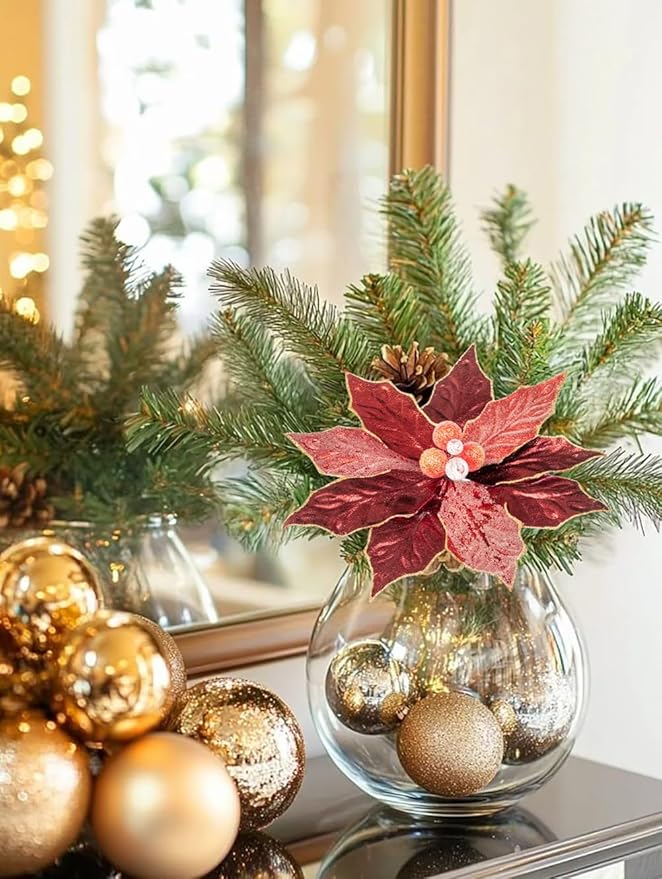 Hollyone 3PCS Poinsettia Christmas Flowers Artificial 11" Large Red Glitter Poinsettia Flowers Christmas Tree Ornaments Floral Picks for Tree Wreath Garland Vase Table Centerpiece Home Decor