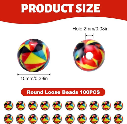 100 PCS 10mm Resin Beads Bulk for Bracelet Making Kit, Red Yellow Black Irregular Pattern Round Loose Beads for Jewelry Earring Necklace Rings Art Craft DIY Projects