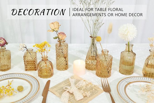 12pcs Glass Bud Vase Set, Small Gold Amber Flower Vases for Centerpieces in Bulk, Mini Vintage Vase for Wedding, Home,Table Decoration