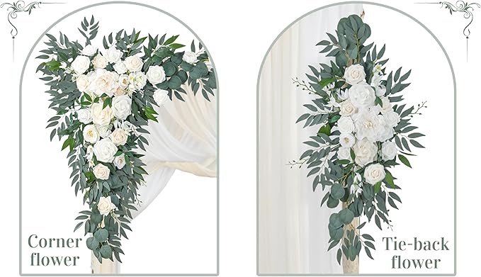 Ting's time Artificial Wedding Arch Flowers Kit(Pack of 4) 2pcs Large Artificial Flower Swags with 2pcs Draping Fabric for Wedding Party Ceremony Decoration(White)