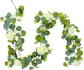 3 Pcs Total 18Ft Artificial Eucalyptus Flower Garland, Faux Eucalyptus Garland with White Roses Fake Flowers Vines for Centerpiece, Wedding, Party, Table, Background, Arch, Indoor Outdoor Decor