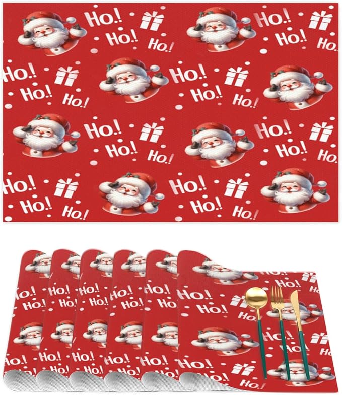 Christmas Xmas Ho Santa Claus Placemats Set of 1 PVC Vinyl Non Slip Table Mats Heat Resistant Place Mats Washable Wipeable Dining Table Mat for Kitchen Decor Party Indoor Outdoor Decorative Gift