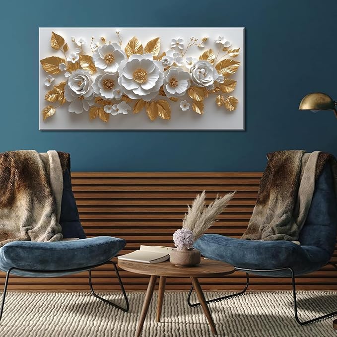 IDAFU Flower Wall Art White Foral and Golden Leaves Wall-décor White Wall Art Floral Painting Pictures for Living Room Bathroom Bedroom Kitchen Office Cuadros Decorativos Para Sala Decor 46L x 23W