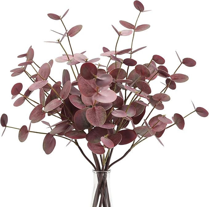 6pcs Real Touch Artificial Eucalyptus Stems Dual-Sided Lifelike Leaves Fake Eucalyptus Plants for Wedding Flower Arrangement Centerpiece Bouquet Home Office Decor(Purple)