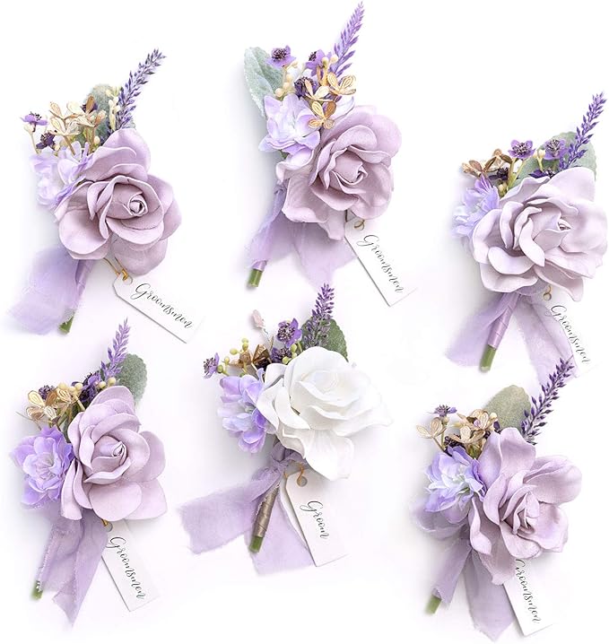 Ling's moment Boutonniere for Men, 6pcs Groom Groomsmen Boutonniere, Artificial Flowers for Wedding Decor/Prom/Homecoming, etc.Purple Lilac Lavender
