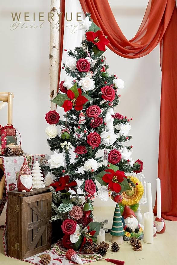 Artificial Flower Box Set Christmas red Themed Floral Decorations，Silk Fake Flowers for DIY Centerpieces Cake Decorations, Xmas Wreath Floral Arrangements Party (Merry Christmas Red)