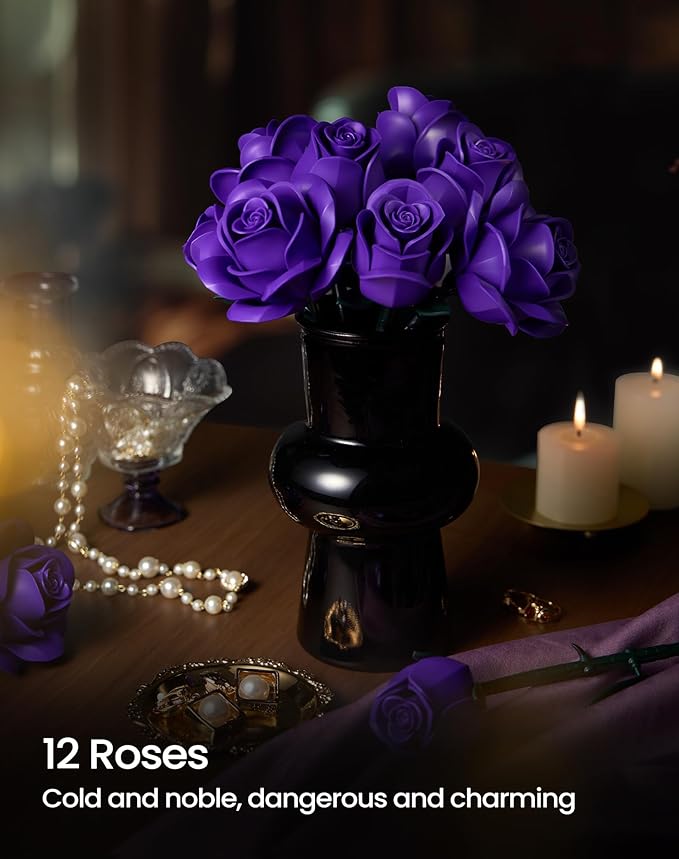 iATOM Purple Rose Bouquet Building Set, Artificial Flowers Botanical Collection for Adults Women, Gift for Christmas and Valentines Day - Gothic Home Office Table Centerpiece Decor - IA11017