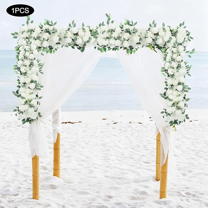 Eapmic Artificial Flower Row, 39.37in Peony Hydrangea Floral Arrangement, Faux Flower Panel Table Centerpiece for Wedding Arch Wall Backdrop Ceremony Reception Home Party Decoration (White)