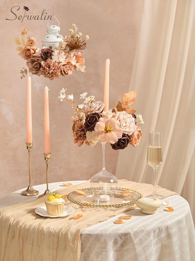 Serwalin Artificial Flowers,Brown & Apricot Fake Silk Flowers for DIY Wedding Bouquets Bridal Shower Centerpieces Floral Arrangements Party Tables Home Decorations