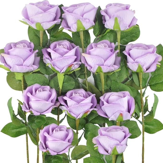 Jasion 12PCS Artificial Roses Realistic Velvet Silk Flowers Long Stem Faux Flowers Bouquet for Wedding Home Party Table Centerpieces Decorations (Light Purple)