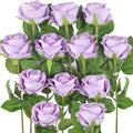 Jasion 12PCS Artificial Roses Realistic Velvet Silk Flowers Long Stem Faux Flowers Bouquet for Wedding Home Party Table Centerpieces Decorations (Light Purple)