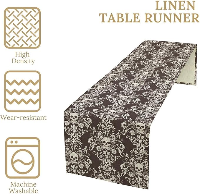 Vintage Gothic Table Runner, Retro Baroque Luxury Dark Skull Day of Death Witchy Coffee Table Center Decor for Home Kitchen Dining Patio Holiday Party Table Decorations 13x90 inches