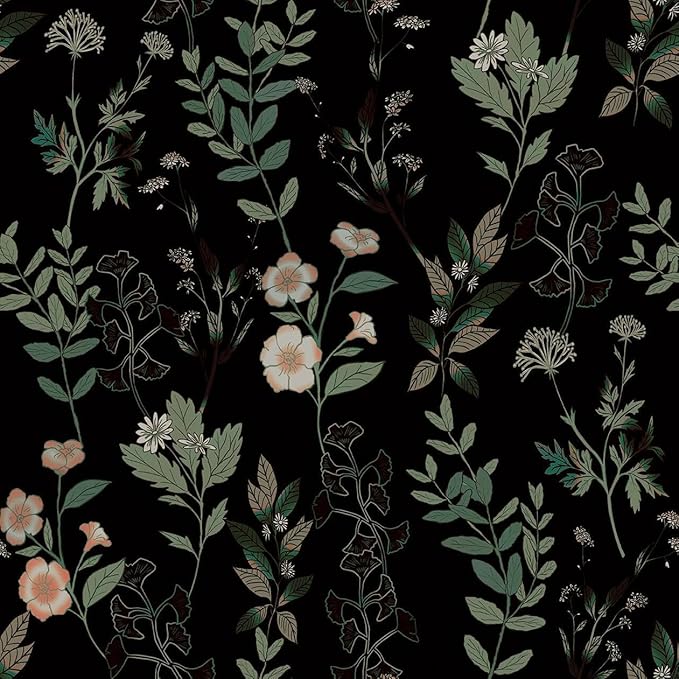 Black Green Leaf Wallpaper Peel and Stick Vintage Taupe Green Floarl Contact Paper 17.4" X 118" Moody Wallpaper Waterproof Self-Adhesive Wall Covering for Bedroom Countertop Desk Cabinets Decor