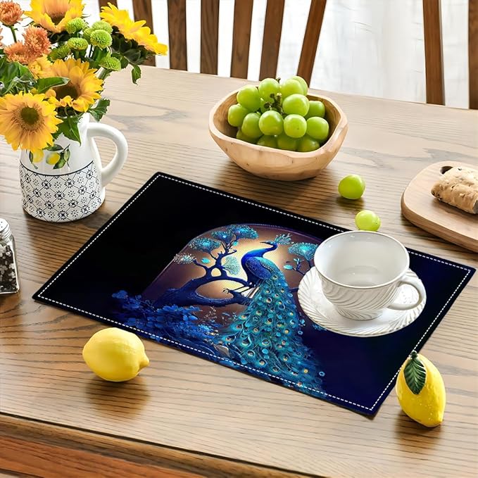 Blue Peacock Placemats Set of 6, Peacock Tree Place Mats Washable Double-Sided Table Mats for Kitchen Dining Room Home Party Indoor Decor 6 PCS 12x18 Inch