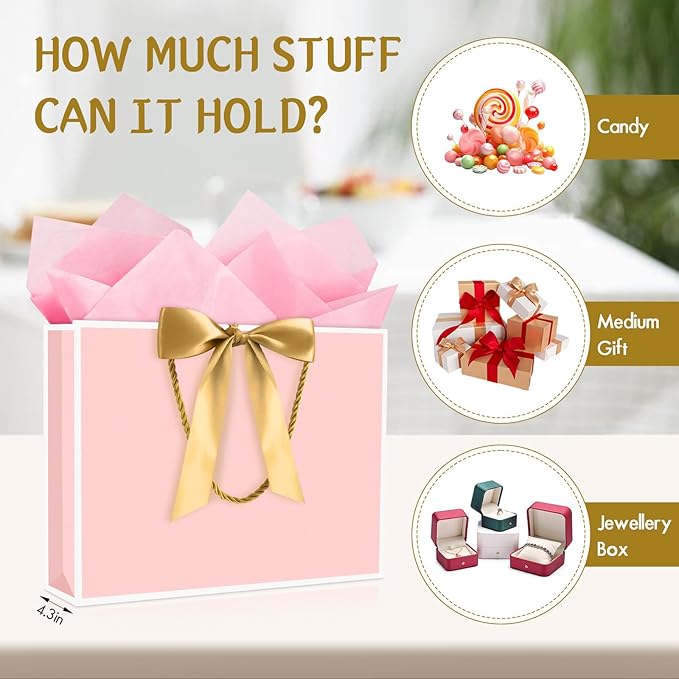 JMANNI Gift Bag, Medium Gift Bags with Tissue Paper, 2Pcs Gift Bags Medium Size with Handle and Bow Ribbon for Any Birthday,Weddings, Mothers Day & Special Occasion 11''x7.87''x4''(Pink-White)