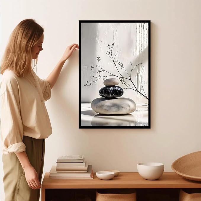 Gray and black stone pile and dried flowers poster canvas wall art in harmony Minimalist wall art for tranquil homes and mindful spaces 8x12in Metal blackFramed