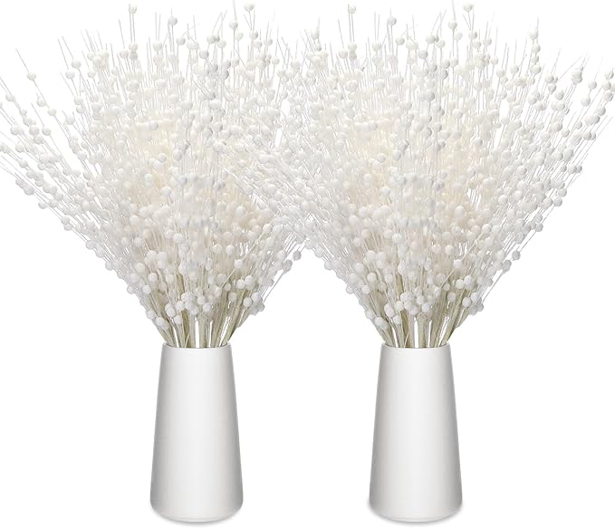 Geosar 30 Pcs Christmas Artificial Glitter Berry Stem Decorations 17 Inch Faux Stick Floral Pick Centerpiece Bouquet Flower Bead Twigs for Centerpiece Tree Wreath Xmas Ornaments Home(White)