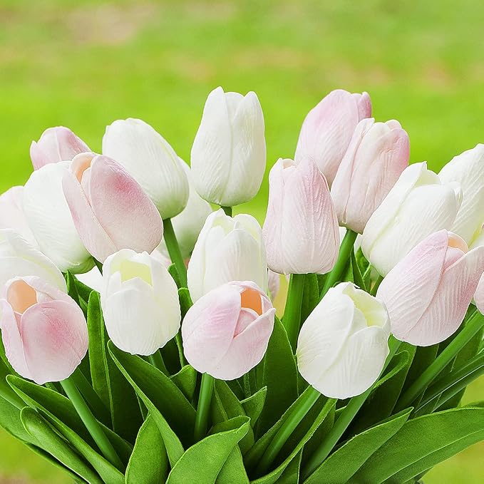 ENOVA FLORAL 40 Heads Artificial Tulips Flowers with Vase Mixed White Pink Colors, Real Touch Tulips Floral Arrangement with Vase, Fake Flowers in Vase for Home Decor, Wedding Centerpieces