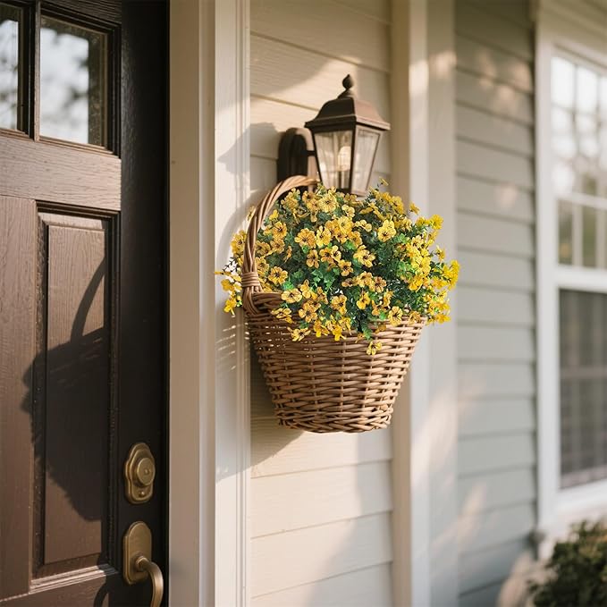 Artificial Fall Flowers Faux Mums for Outdoor Indoor Garden Home Decoration, Faux Flower Daisy with Eucalyptus Leaves Fake Mums Plants Greenery Boxwood Porch Patio, 12 Bundles