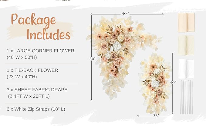 Wedding Arch Flowers with Drapes Kit (Pack of 5) - 2pcs Artificial Beige & Cream Deluxe Swag with 3pcs Hanging Drapes for Wedding Ceremony Arbor Reception Backdrop Rose Floral Decorations