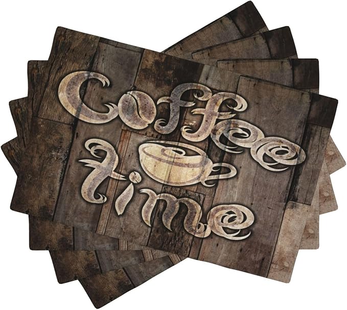 Coffee Place Mats Set of 4,Coffee Time Phrase with A Cup on A Wooden Grunge Background Kitchen Image Placemats for Dining Table 4 PCS, Cafe-1