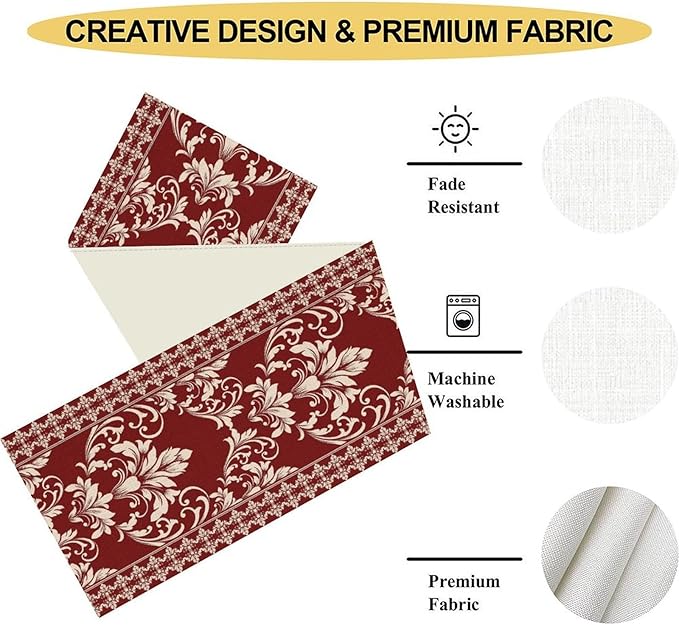 Damask Table Runner, Red Rustic Damask Antique Floral Retro Boho Art Pattern Linen Coffee Table Center Decor for Home Kitchen Dining Decorations Indoor Outdoor 13x108 inch