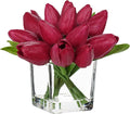 DILATATA Artificial Hot Pink Tulips in Vase with Faux Water 5.5" Real Touch Flowers Fake Tulips Small Flowers Arrangement in Cube Glass Vase for Mother's Day Table Centerpiece Wedding Home Decor