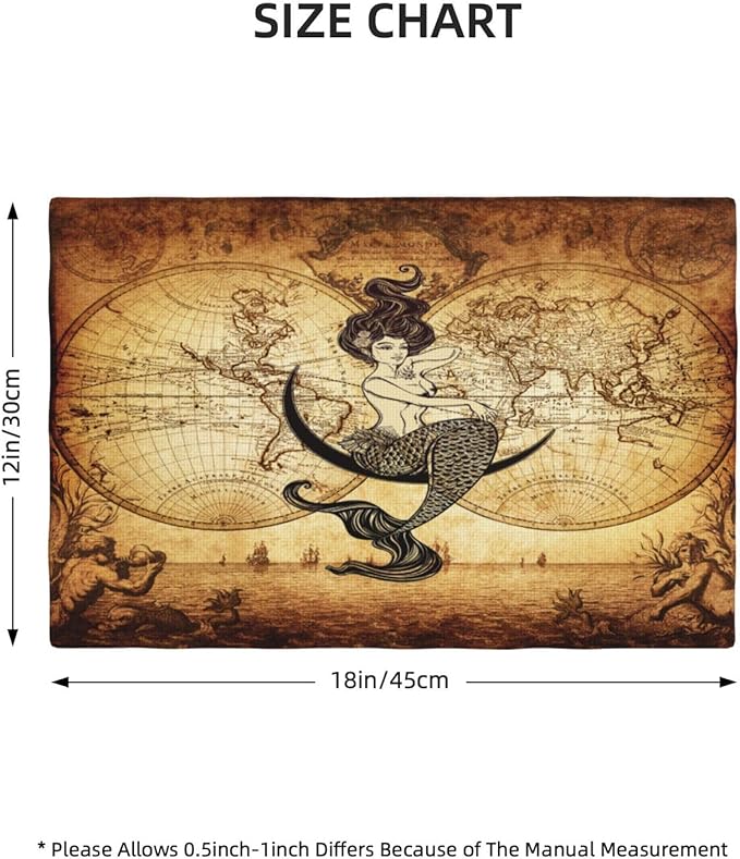 Vintage Mermaid Map Placemats, Old 70s Nautical Pirate World Map Print Washable Fabric Placemats Table Kitchen Dining Party 12x18 Inch Set of 4
