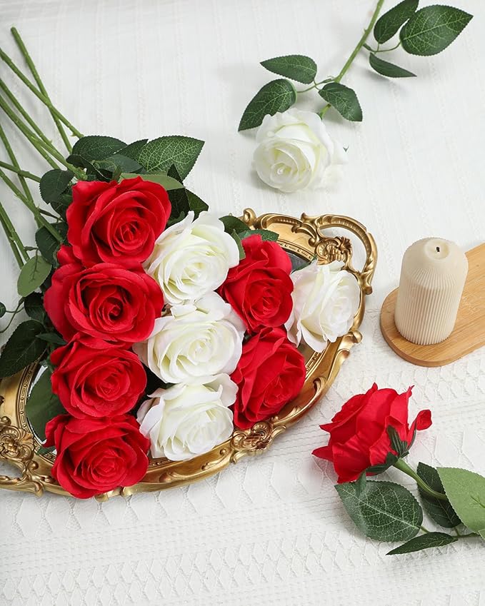 LFF 10pcs Silk Rose Flowers Long Stem Artificial Rose Flower for Home Wedding Party Decor (Red)