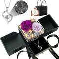 Birthday Gifts for Women, Preserved Real Roses with Heart Necklace I Love You in 100 Languages, Anniversary Wedding Gifts for Women Her Girlfriend Wife, 2 Forever Roses Necklace Gift Box Purple